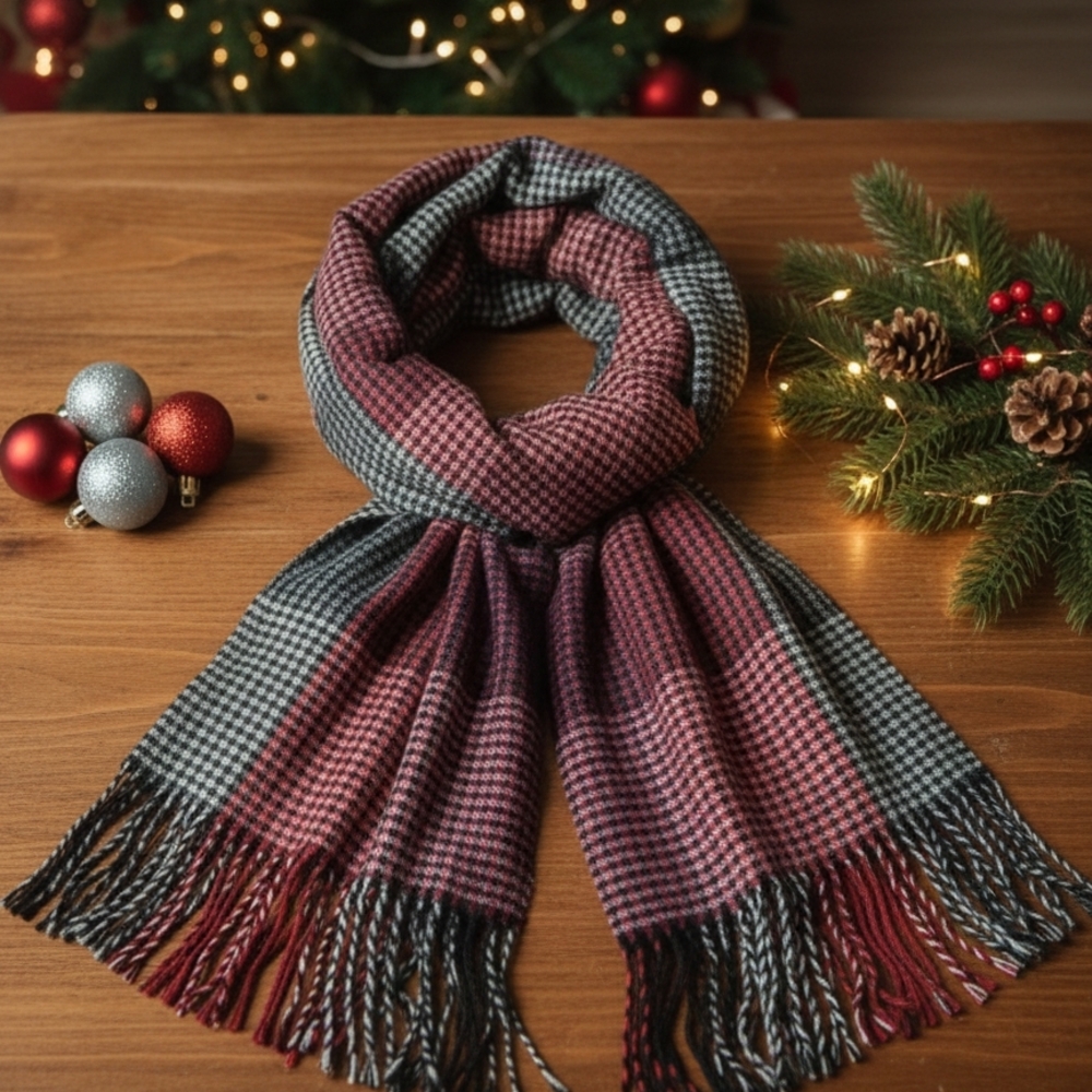 Clara Clark Elegant Red and Gray Houndstooth Scarf